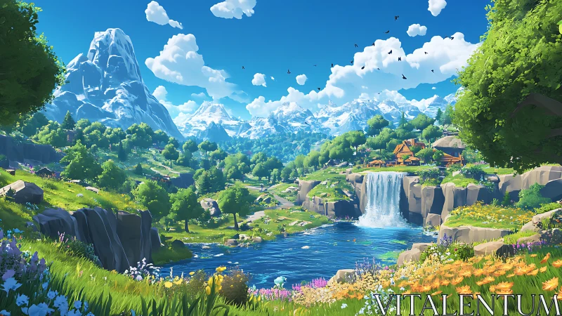 Vibrant alpine valley with waterfall, lake, and sunlit village.