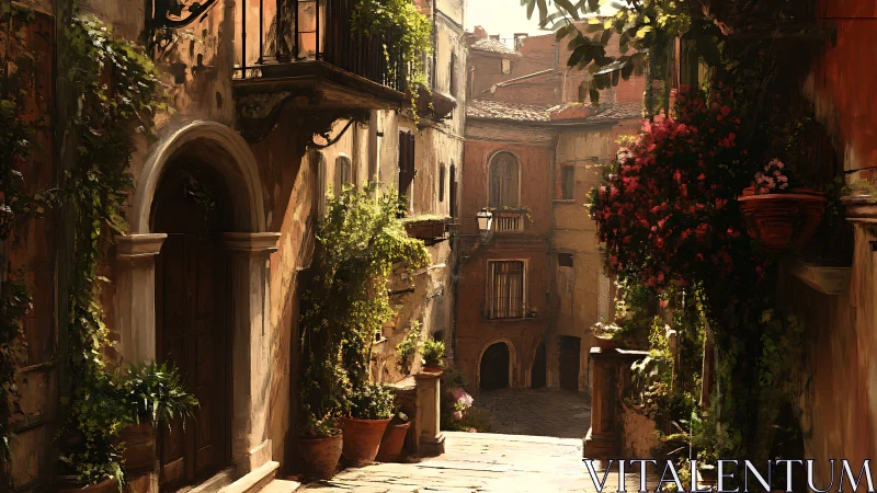 Sunlit old European alley with plants and warm walls.