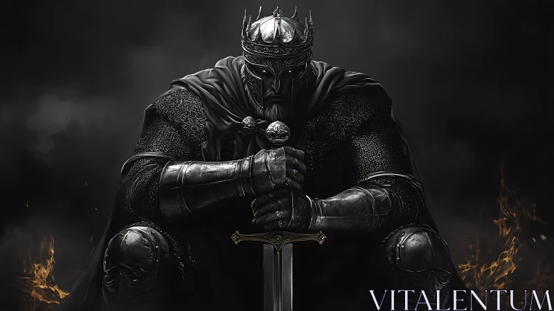 Brooding dark king resting in heavy armor and shadowed fire.