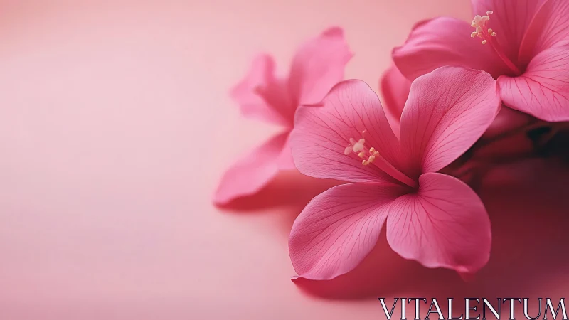 Pink Hibiscus Blossoms in Macro Detail Against Blurred Pink Background.