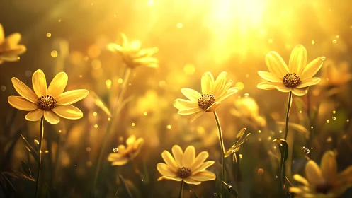 Golden meadow daisies under glowing sunset light.