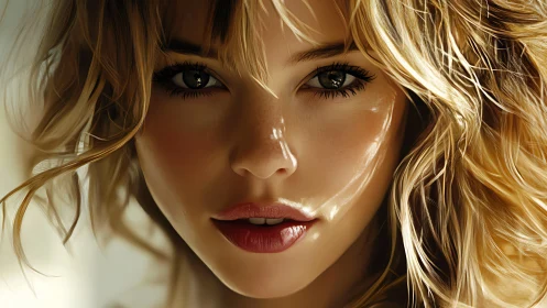 Close digital portrait shows stylized blonde woman’s face