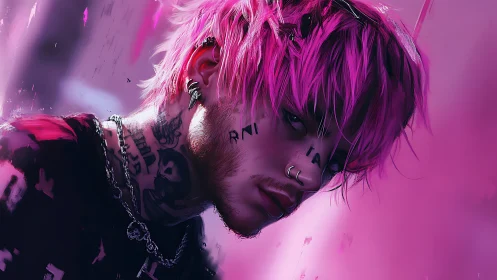 Neon pink cyberpunk portrait with tattooed rebel gaze.