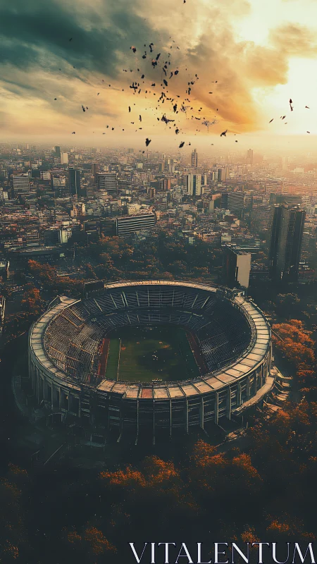 Urban football stadium under dramatic evening skyline.