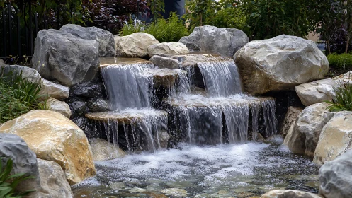 Garden rock waterfall with cascading clear water flow.