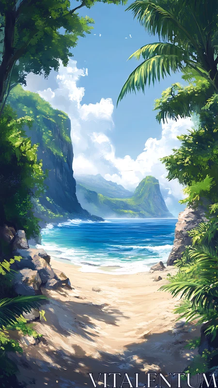 Tropical Beach Cove Framed by Lush Vegetation.