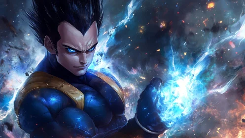 Saiyan warrior channels cosmic blue energy storm power.
