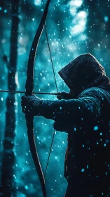 Hooded archer drawing bow in snowy blue forest scene.