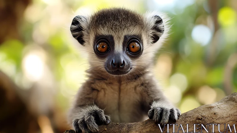 Young lemur is captured in sharp frontal portrait on branch