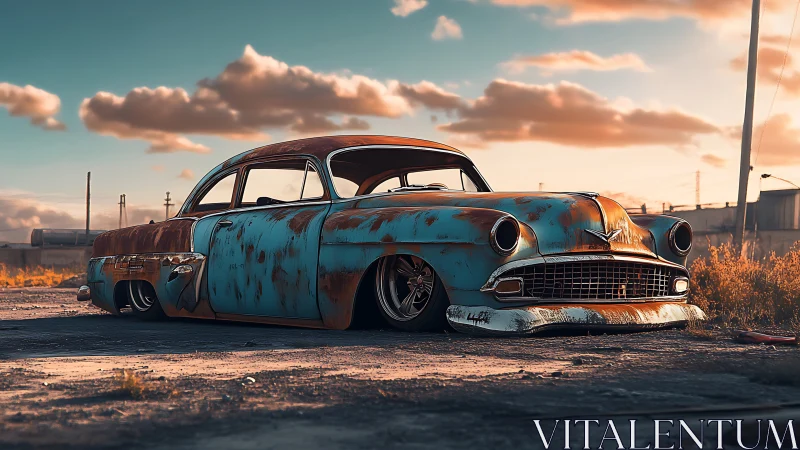 Rust-kissed lowrider waits softly beneath a glowing sky.