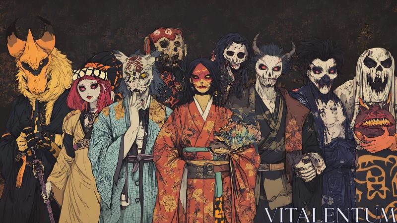Eerie yokai ensemble in ornate kimonos and haunting masks.