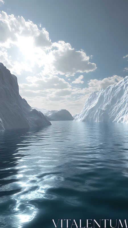 Glacial fjord perspective with specular water and volumetric sky.