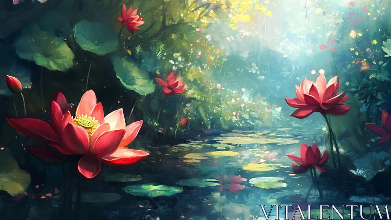 Lotus pond rendered with layered depth, specular water reflections