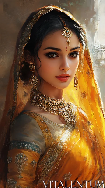 Golden gaze of a regal woman in sunlit traditional dress.