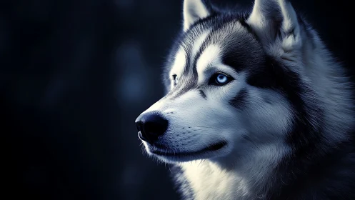 High-contrast blue-toned husky portrait with directional rim lighting