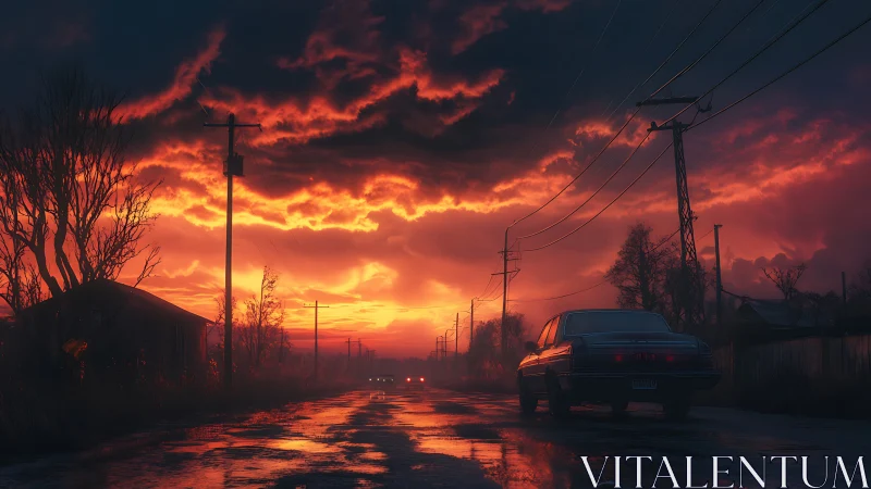 Sedan on wet rural road under vivid red storm clouds at dusk.