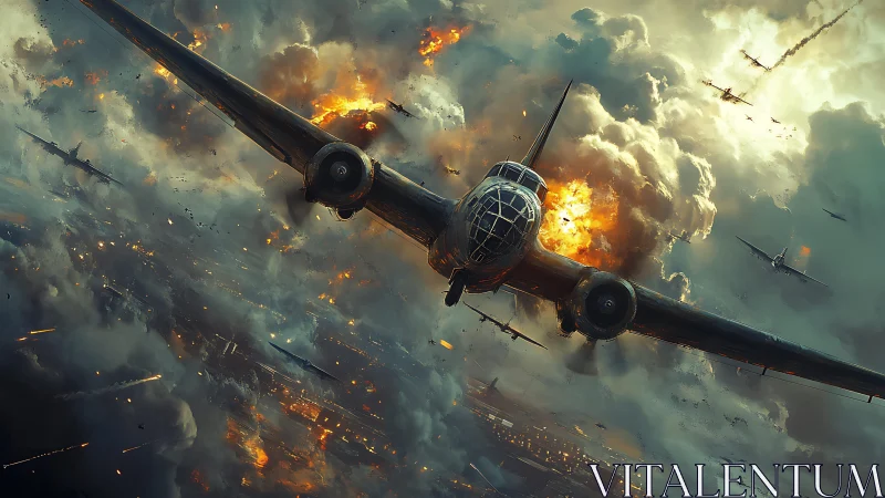 Wartime bomber plunges through exploding night sky.