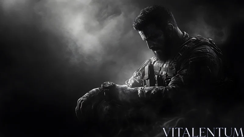 Brooding tactical warrior resting in stormlit shadow haze.