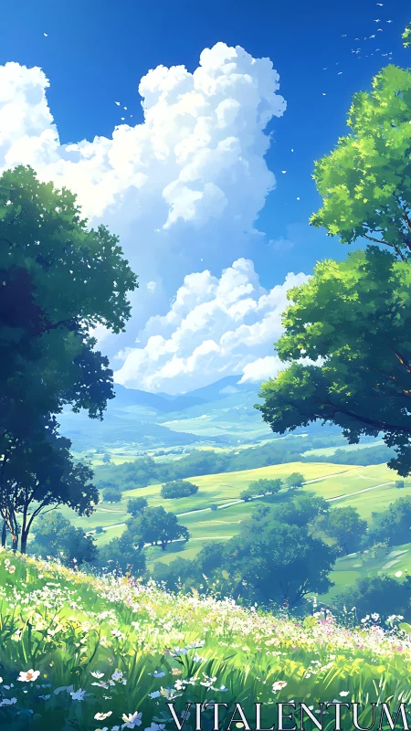 Sunlit valley meadow drifting beneath towering summer clouds.