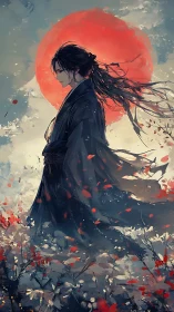 Silent wanderer beneath a blazing crimson sun.