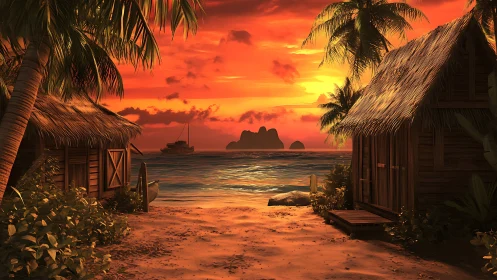 Tropical Bungalow Sunset with Dramatic Atmospheric Rendering and Volumetric Sky