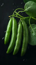 Fresh green pea pods glisten against deep black background.