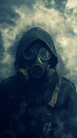 Hooded gas mask figure in dense atmospheric cloud cover.