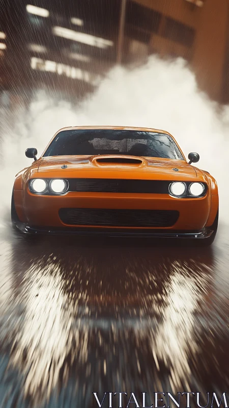 Midnight muscle car charges through rain slick city streets.