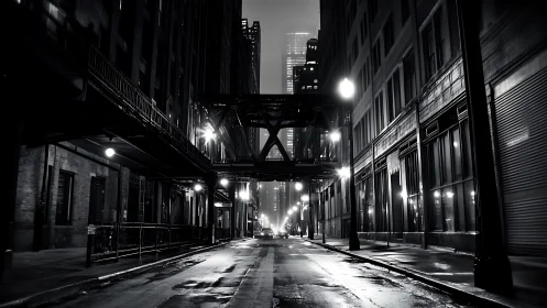 Empty wet city street at night under elevated walkway.