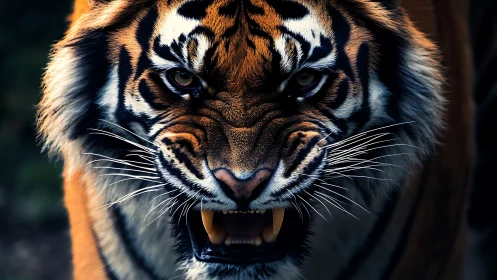 High-contrast close-up of snarling tiger with accentuated fur detail