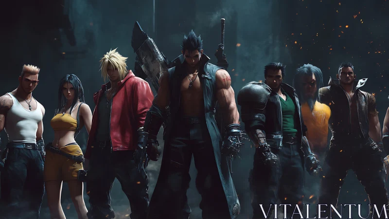 Heroic cyber-noir squad stands amid embers in dramatic backlight