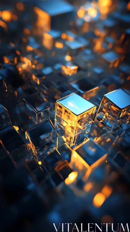 Luminescent glass cubes float in a futuristic data grid