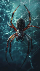 Spider hangs on detailed web in high contrast lighting