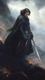 Cloaked swordsman standing on dark volcanic landscape.