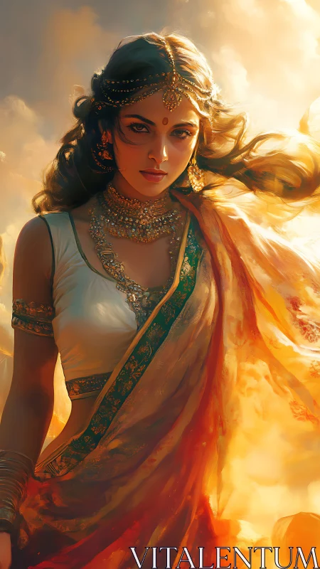 Digital painting depicts woman in ornate sari amid warm light