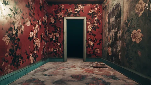 Decayed floral corridor in derelict interior with central doorway