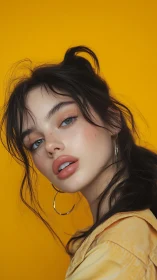 Close portrait of young woman against vivid yellow backdrop.