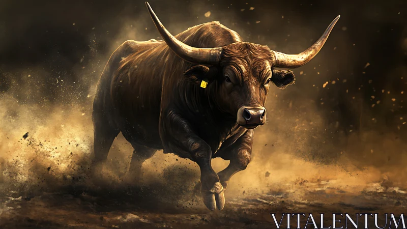 Powerful horned bull charges through swirling golden dust.