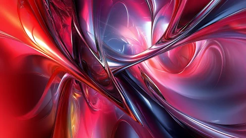 Abstract metallic ribbons twist through red and violet light