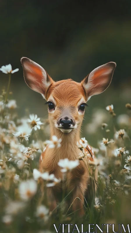 Juvenile whitetail fawn in shallow-depth daisy meadow portrait