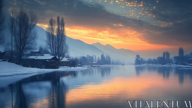 Winter river sunrise paints misty mountains in quiet fire.