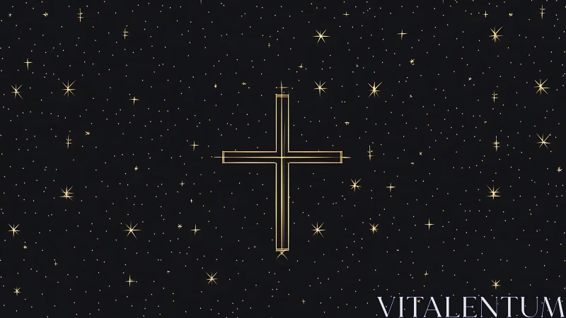 Golden cross gently shining among quiet midnight stars.