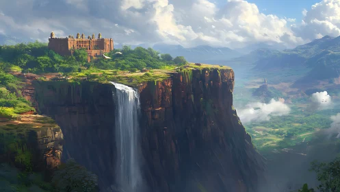 Cliffside fortress above massive waterfall and valley