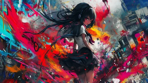 Headphoned anime girl amid explosive neon street chaos.