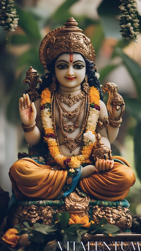 Golden deity statue radiates serene blessing in soft bloom.