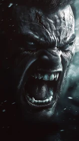 Photorealistic feral roar close-up with extreme chiaroscuro detail.