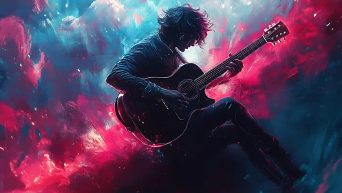 Guitarist in neon clouds with intense red and blue light.
