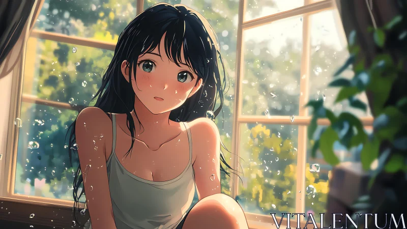 Girl sitting by sunny window with raindrops and soft light.