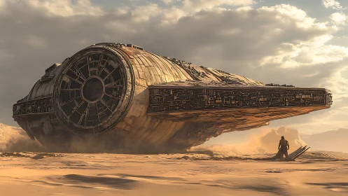 Desert crash site with cylindrical starship hull in decay.