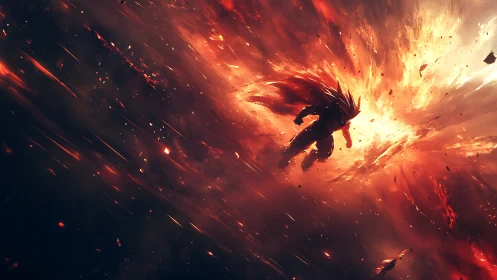 Silhouetted figure moves through radial explosive light field